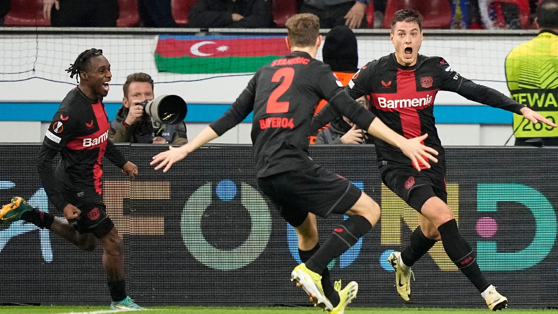 Bayer Leverkusen score twice in stoppage-time to beat Qarabag and stay unbeaten