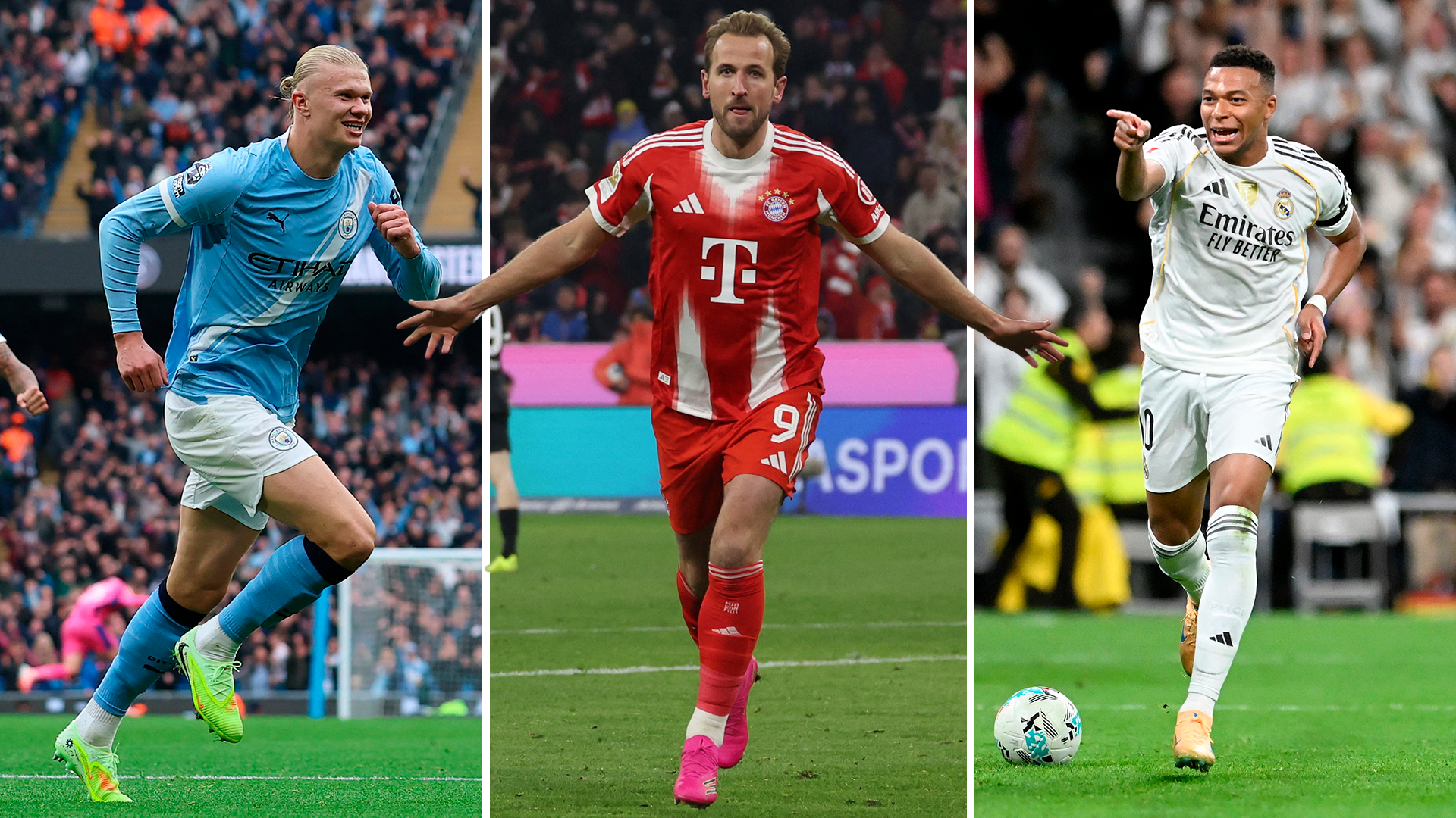 Erling Haaland, Harry Kane y Kylian Mbappé